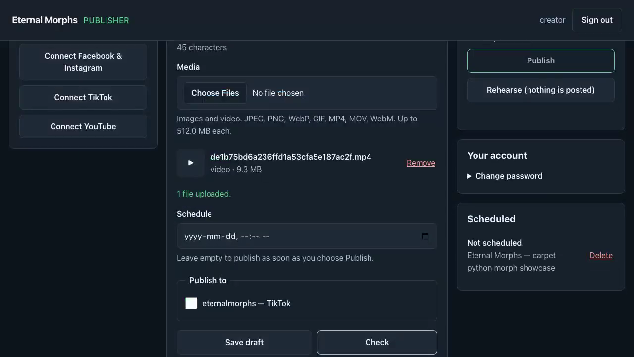 The Eternal Morphs Publisher composer: a post being written once, with the connected accounts it will publish to and a preview of the result.